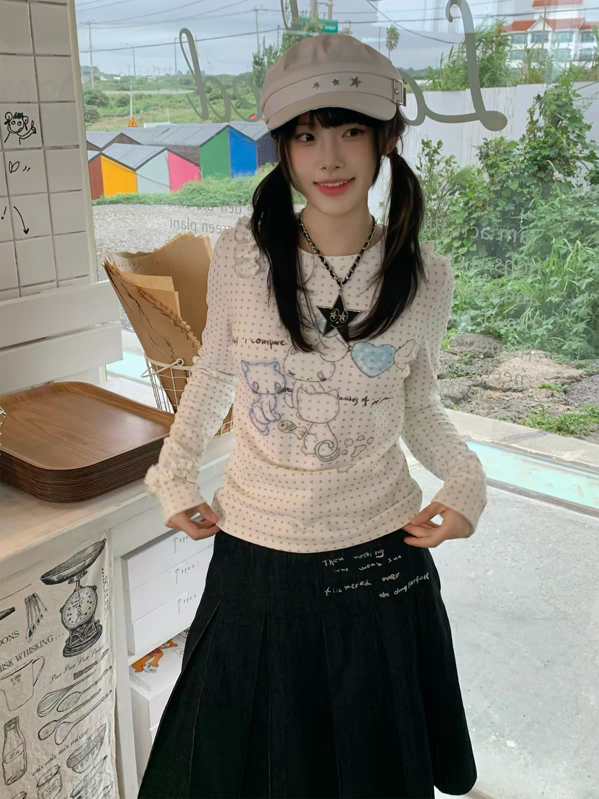Japanese Y2k Anime Print Knitted Tops 2000s Aesthetics Long Sleeve T-shirt Cutecore Polka Dots Ribbed Tops Kawaii Cat