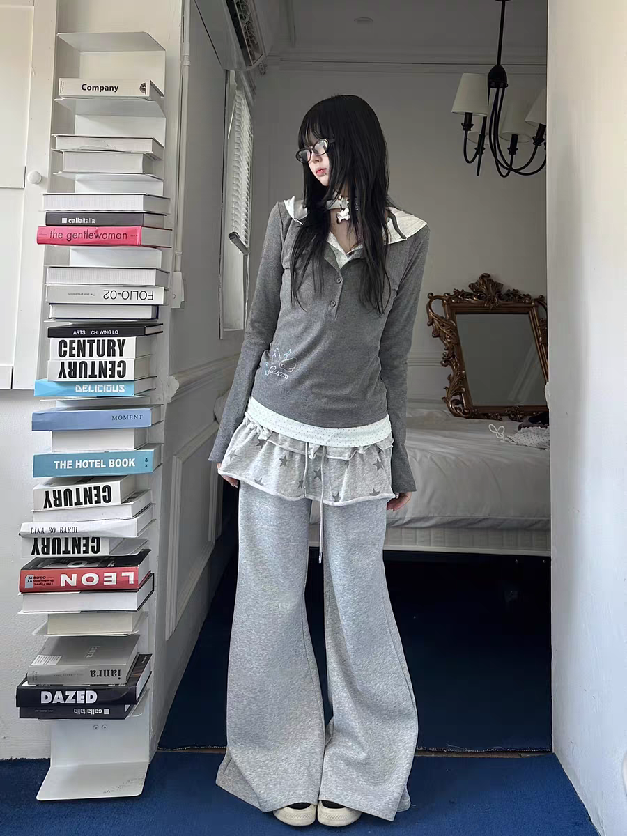 American Retro Y2K Polka Dot Patchwork Faux Two-Piece Long Sleeve T-Shirt Women's Subculture Slim Fit Hooded Sweatshirt