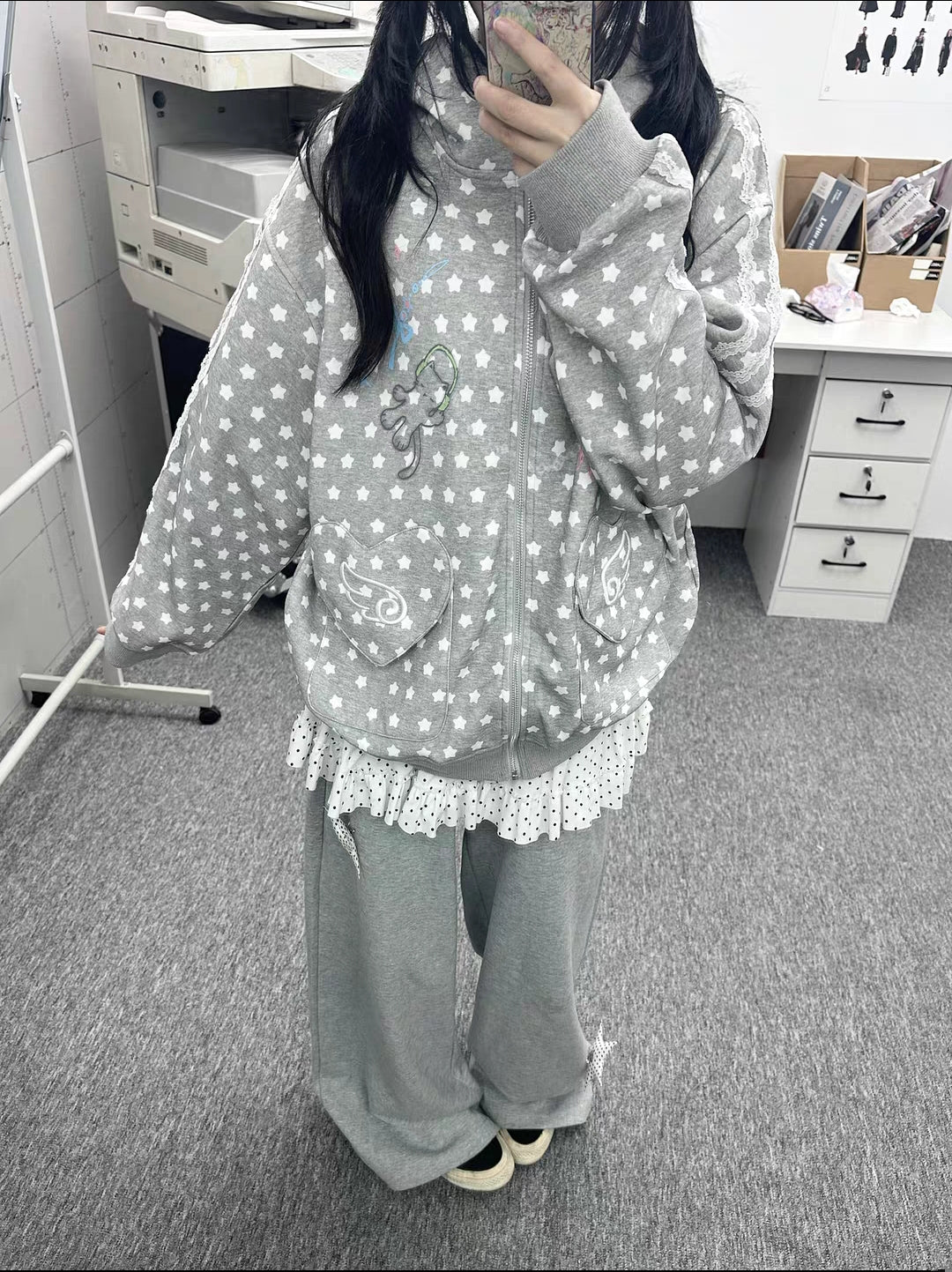 Curry People Spring New Polka Dot Cute Home Style Loose Face-Covering Hoodie Jacket Women's Top Cute Casual Versatile