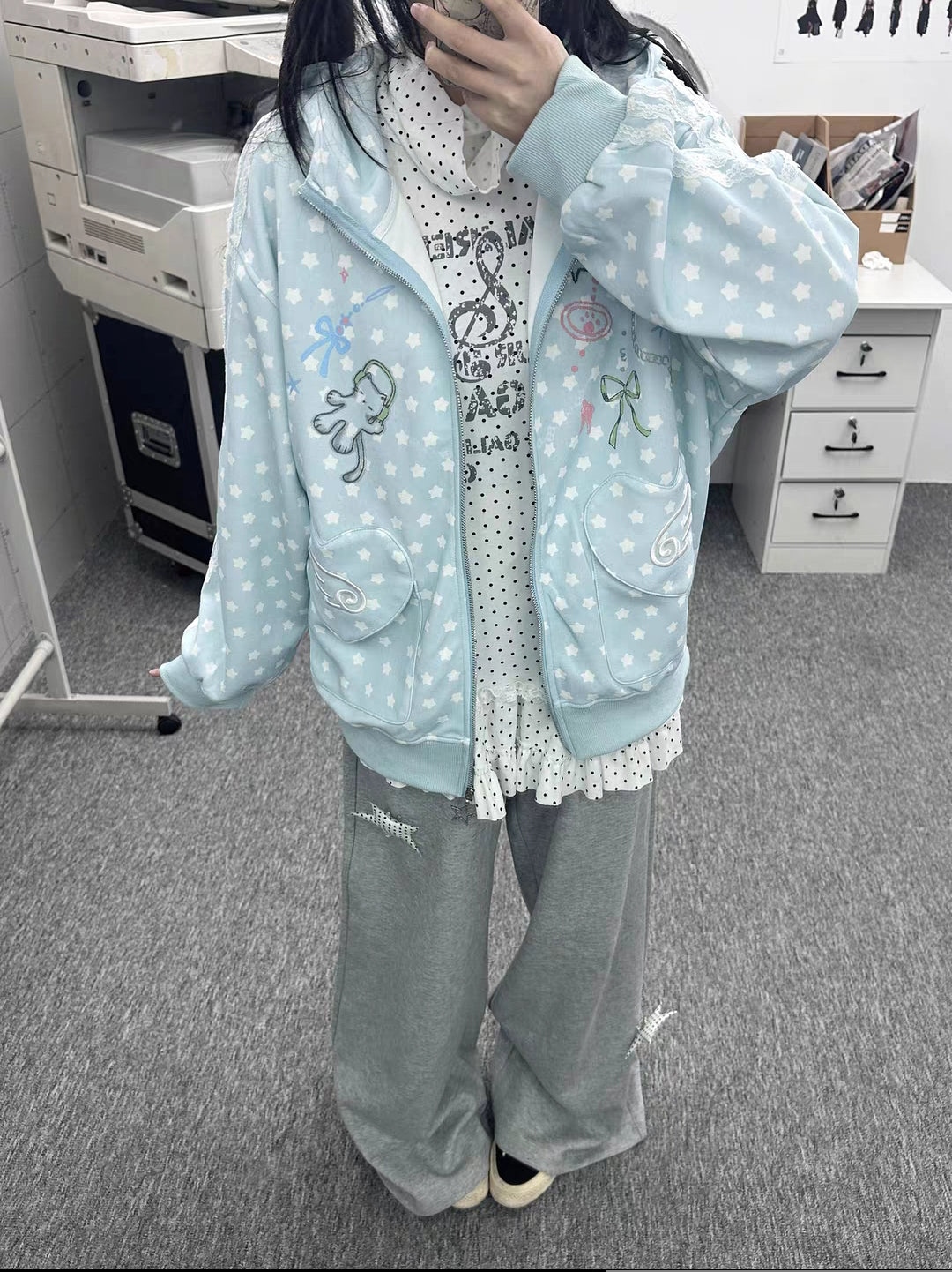 Curry People Spring New Polka Dot Cute Home Style Loose Face-Covering Hoodie Jacket Women's Top Cute Casual Versatile