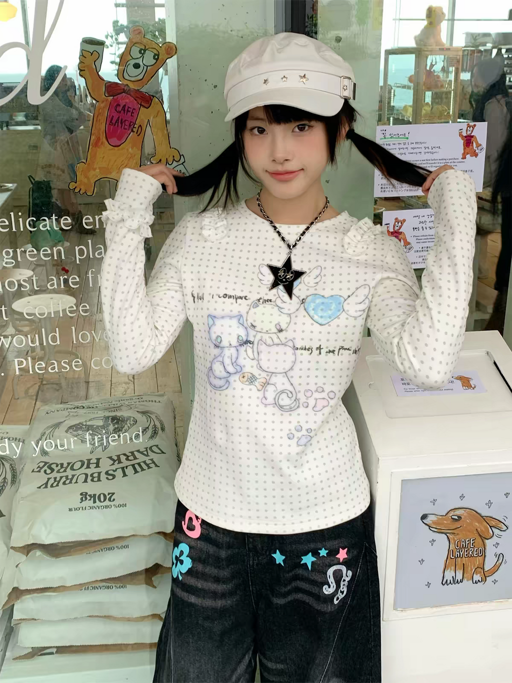 Japanese Y2k Anime Print Knitted Tops 2000s Aesthetics Long Sleeve T-shirt Cutecore Polka Dots Ribbed Tops Kawaii Cat
