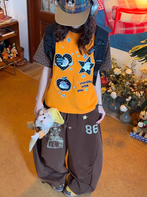 Japanese Y2k Cartoon Embroidered T-shirt 2000s Cutrecore Short Sleeve Tee Shirt Vintage Harajuku Patchwork Tops American