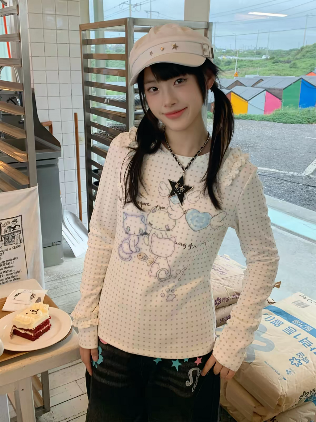 Japanese Y2k Anime Print Knitted Tops 2000s Aesthetics Long Sleeve T-shirt Cutecore Polka Dots Ribbed Tops Kawaii Cat
