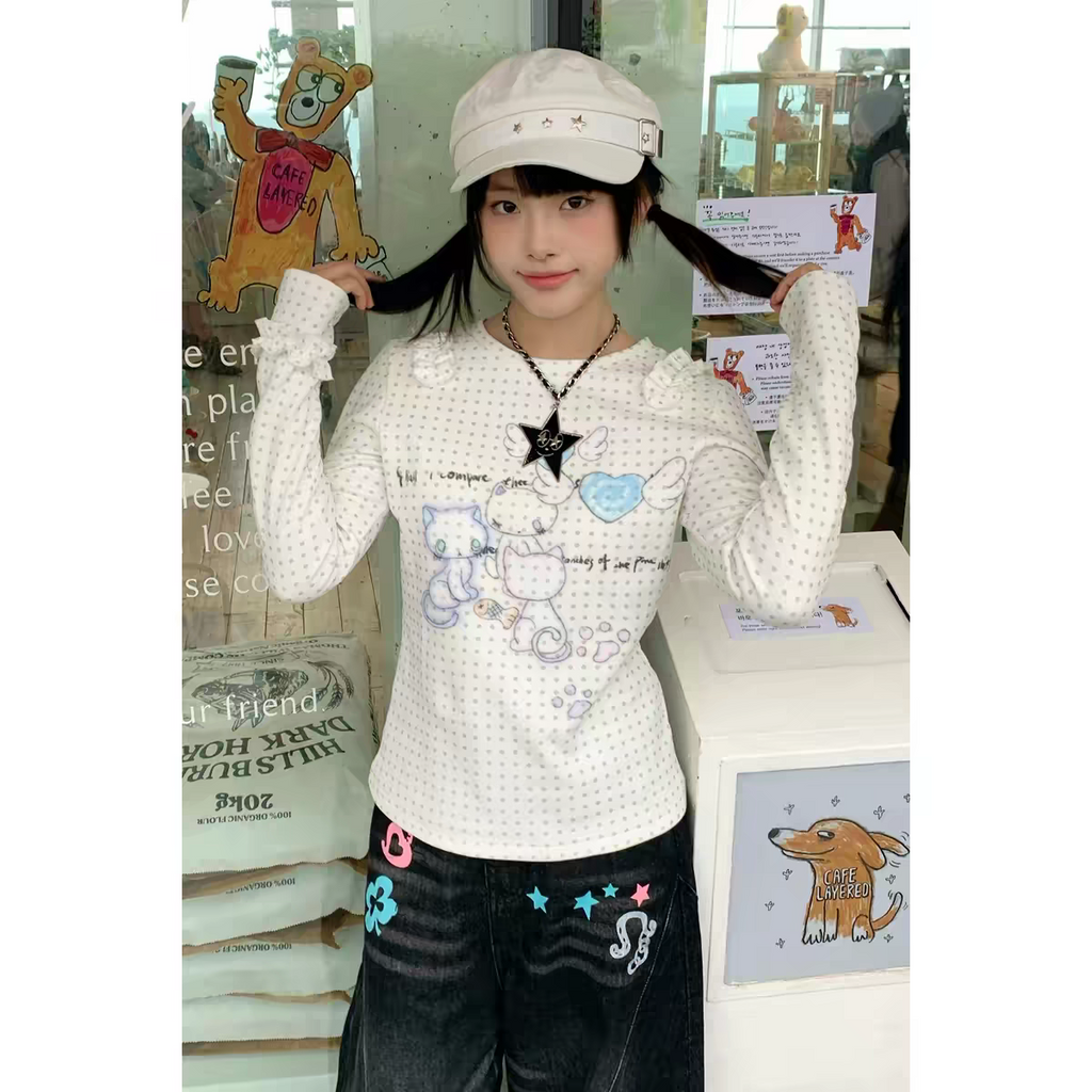Japanese Y2k Anime Print Knitted Tops 2000s Aesthetics Long Sleeve T-shirt Cutecore Polka Dots Ribbed Tops Kawaii Cat