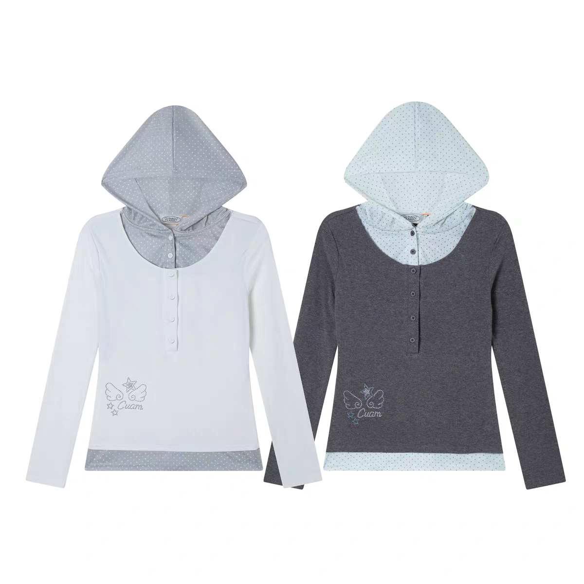 American Retro Y2K Polka Dot Patchwork Faux Two-Piece Long Sleeve T-Shirt Women's Subculture Slim Fit Hooded Sweatshirt