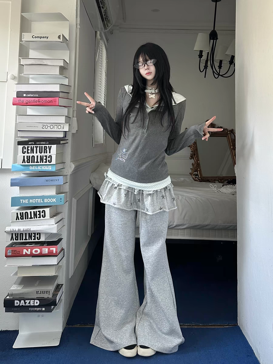 American Retro Y2K Polka Dot Patchwork Faux Two-Piece Long Sleeve T-Shirt Women's Subculture Slim Fit Hooded Sweatshirt