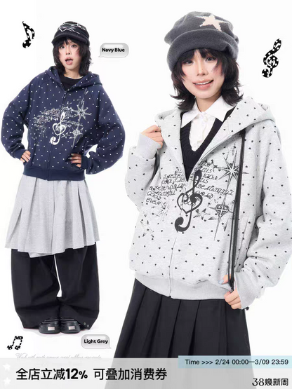 American-Style Musical Note Heart Print Hoodie for Women, Spring Lightweight Versatile Loose Casual Slimming Top