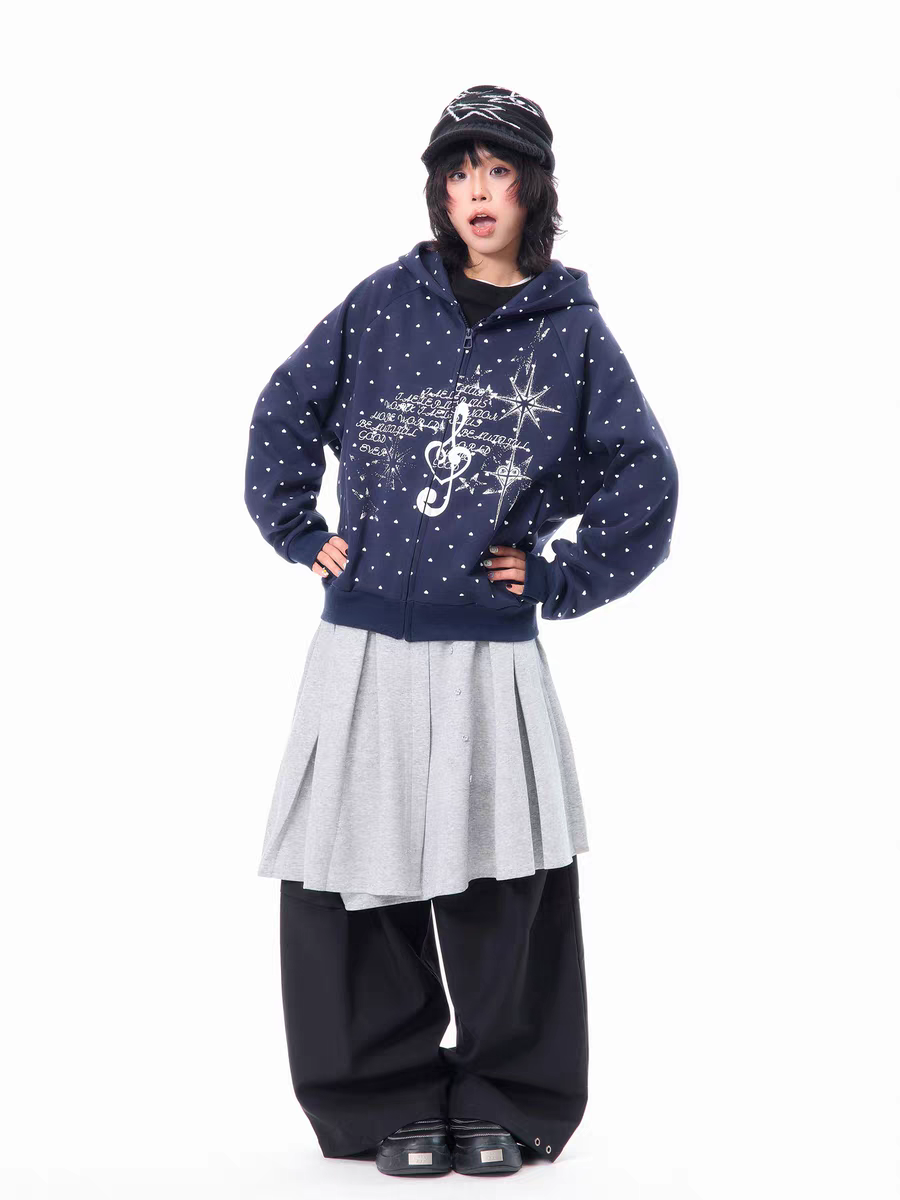 American-Style Musical Note Heart Print Hoodie for Women, Spring Lightweight Versatile Loose Casual Slimming Top