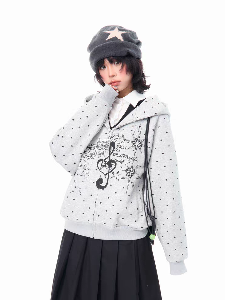 American-Style Musical Note Heart Print Hoodie for Women, Spring Lightweight Versatile Loose Casual Slimming Top