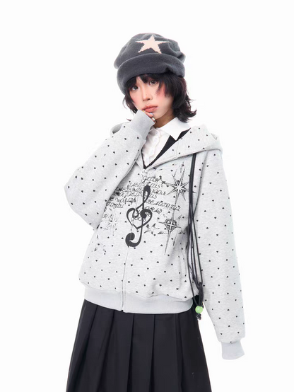 American-Style Musical Note Heart Print Hoodie for Women, Spring Lightweight Versatile Loose Casual Slimming Top