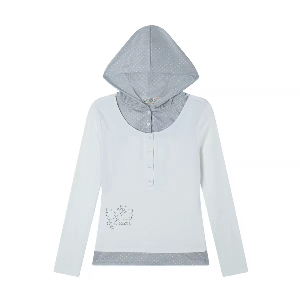 American Retro Y2K Polka Dot Patchwork Faux Two-Piece Long Sleeve T-Shirt Women's Subculture Slim Fit Hooded Sweatshirt